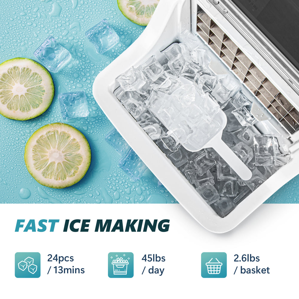 
                      
                        EUHOMY 14'' Cube Ice Compact Ice Maker Selectable Ice Thickness with Water Bucket Includes 2 Bottles of Cleaner - Euhomy
                      
                    