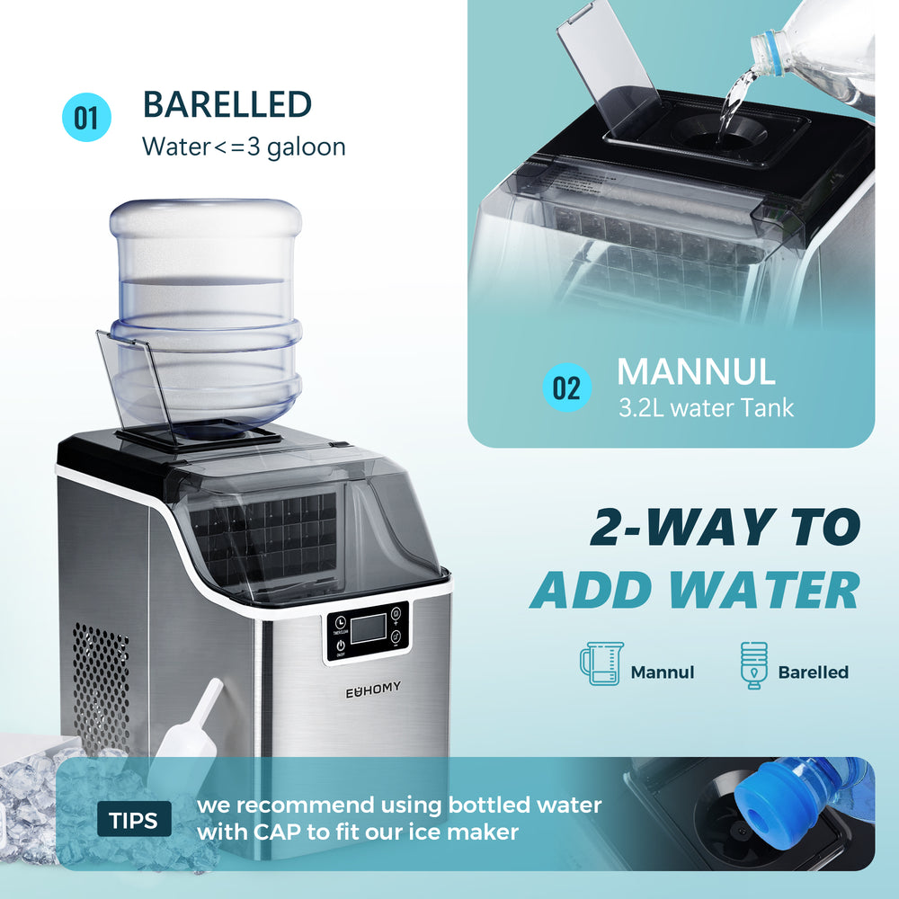 
                      
                        EUHOMY 14'' Cube Ice Compact Ice Maker Selectable Ice Thickness with Water Bucket Includes 2 Bottles of Cleaner - Euhomy
                      
                    