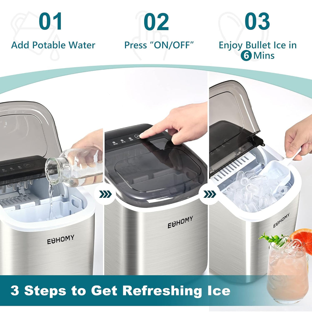 
                      
                        EUHOMY Energy-saving 12'' Silver Bullet Ice Portable Ice Maker with Handle Includes 2 Bottles of Cleaner - Euhomy
                      
                    