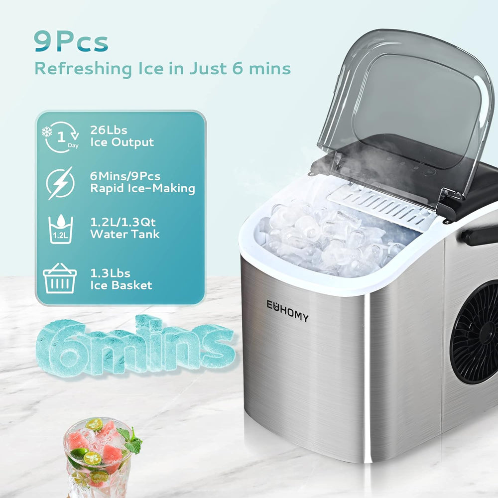 
                      
                        EUHOMY Energy-saving 12'' Silver Bullet Ice Portable Ice Maker with Handle Includes 2 Bottles of Cleaner - Euhomy
                      
                    