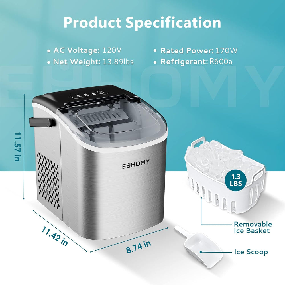 
                      
                        EUHOMY Energy-saving 12'' Silver Bullet Ice Portable Ice Maker with Handle Includes 2 Bottles of Cleaner - Euhomy
                      
                    