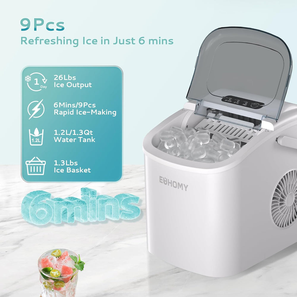 
                      
                        EUHOMY 12'' White Bullet Ice Portable Ultra Quieter Ice Maker with Handle Includes 2 Bottles of Cleaner - Euhomy
                      
                    